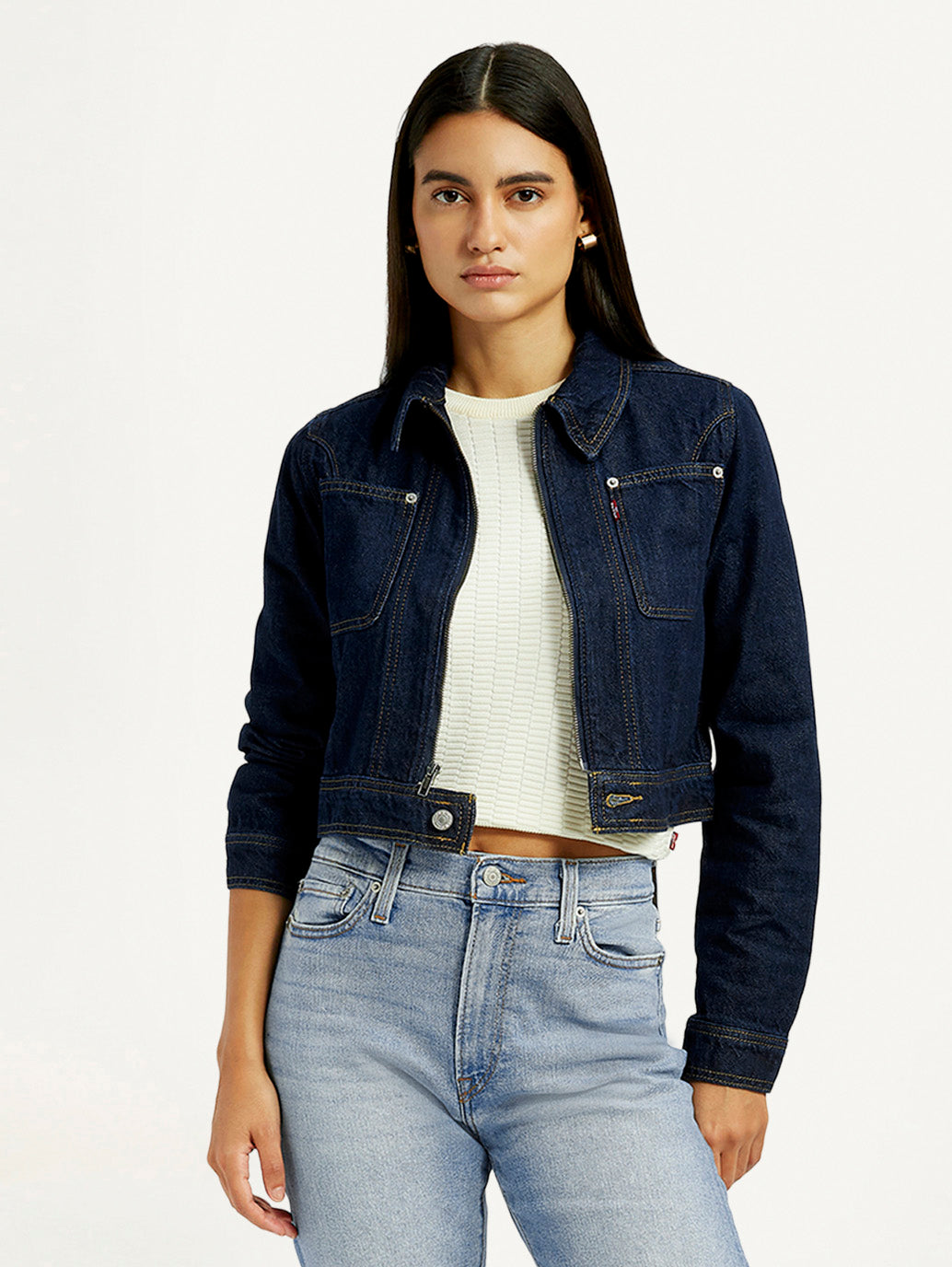 Women's Solid Navy Denim Jacket - Styleshot View