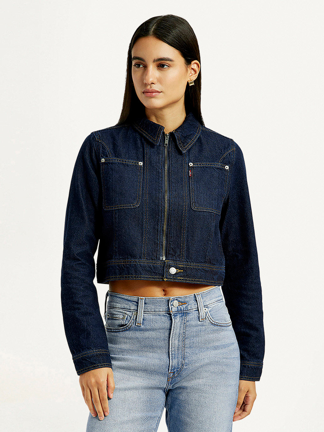 Women's Solid Navy Denim Jacket - Front View