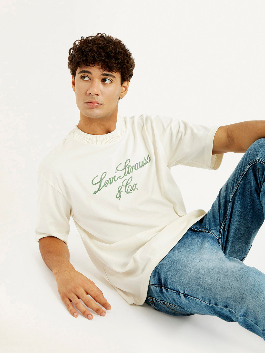 Men's Embroidered Cream Crew Neck T-shirt - Elevated View
