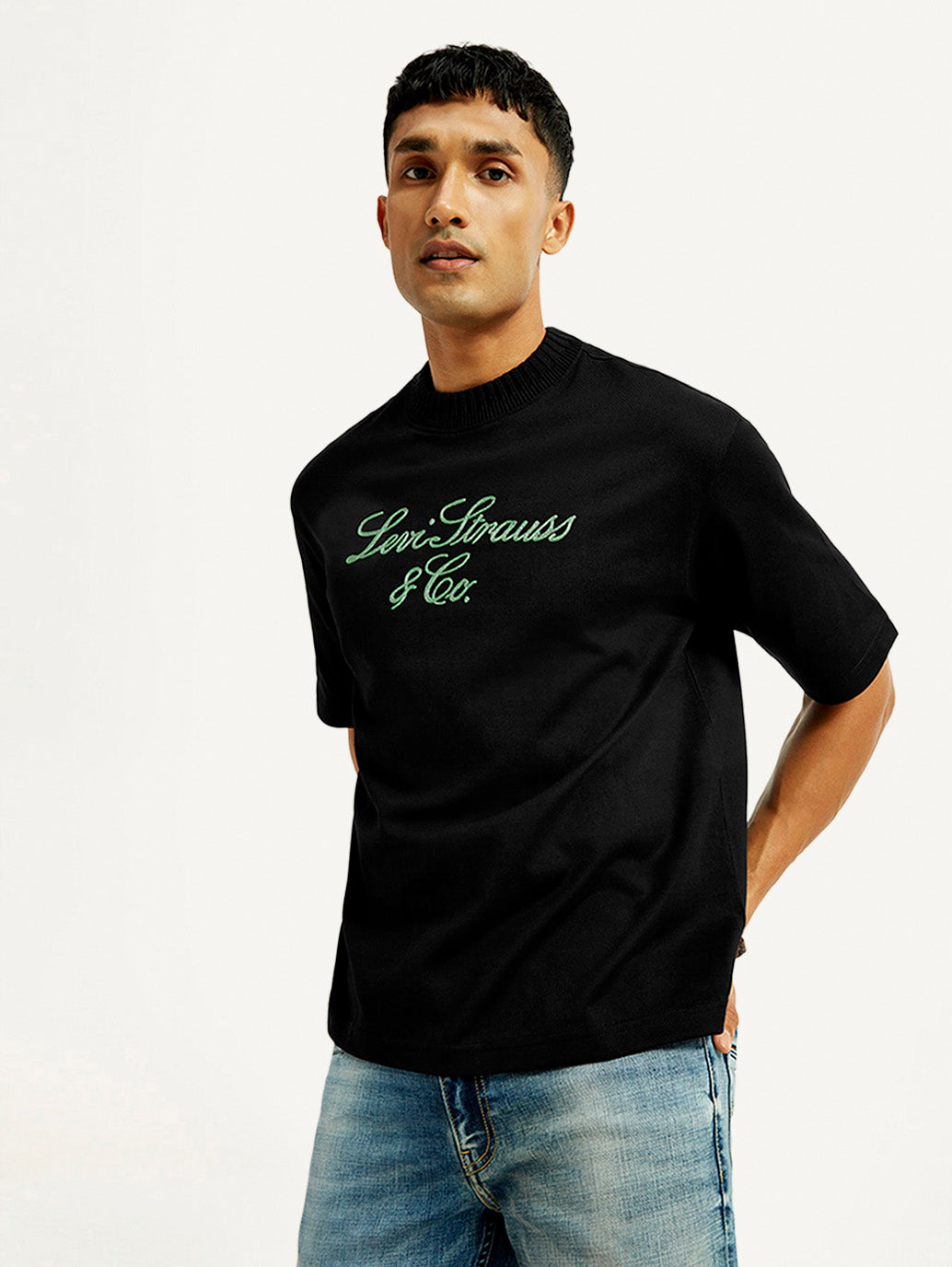 Men's Embroidered Black Crew Neck T-Shirt - Elevated View