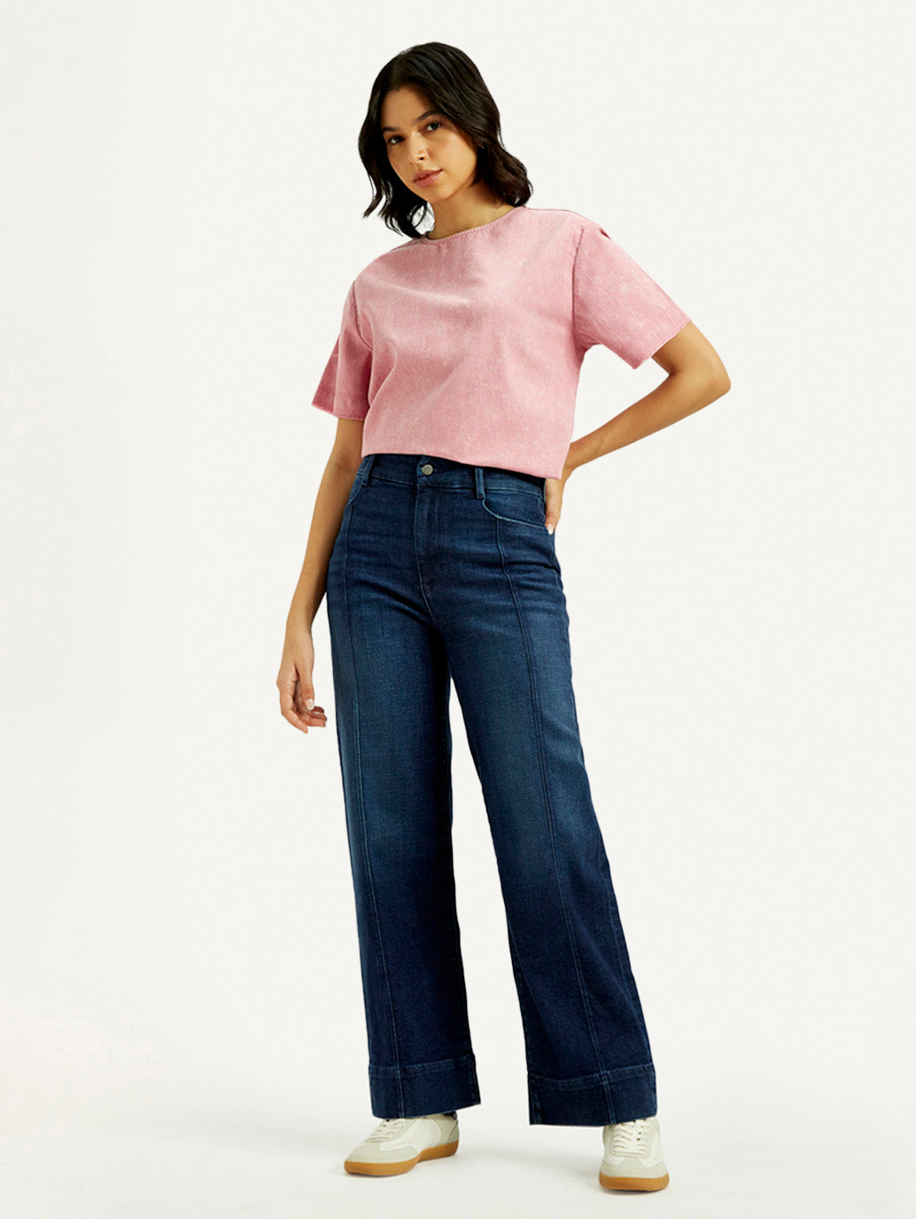 Women's Redloop Dark Indigo Mile High Wide Leg Fit High Rise Jeans - Styleshot View