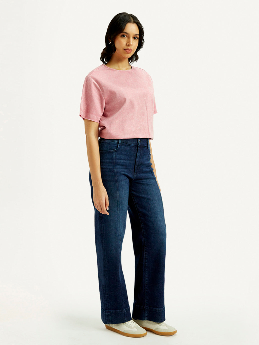 Women's Redloop Dark Indigo Mile High Wide Leg Fit High Rise Jeans - Side View