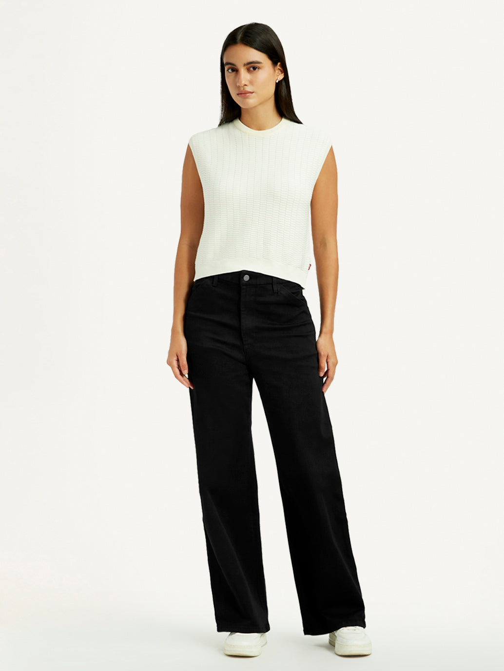 Women's Redloop Black Ribcage Wide Leg Fit High Rise Jeans - Front View