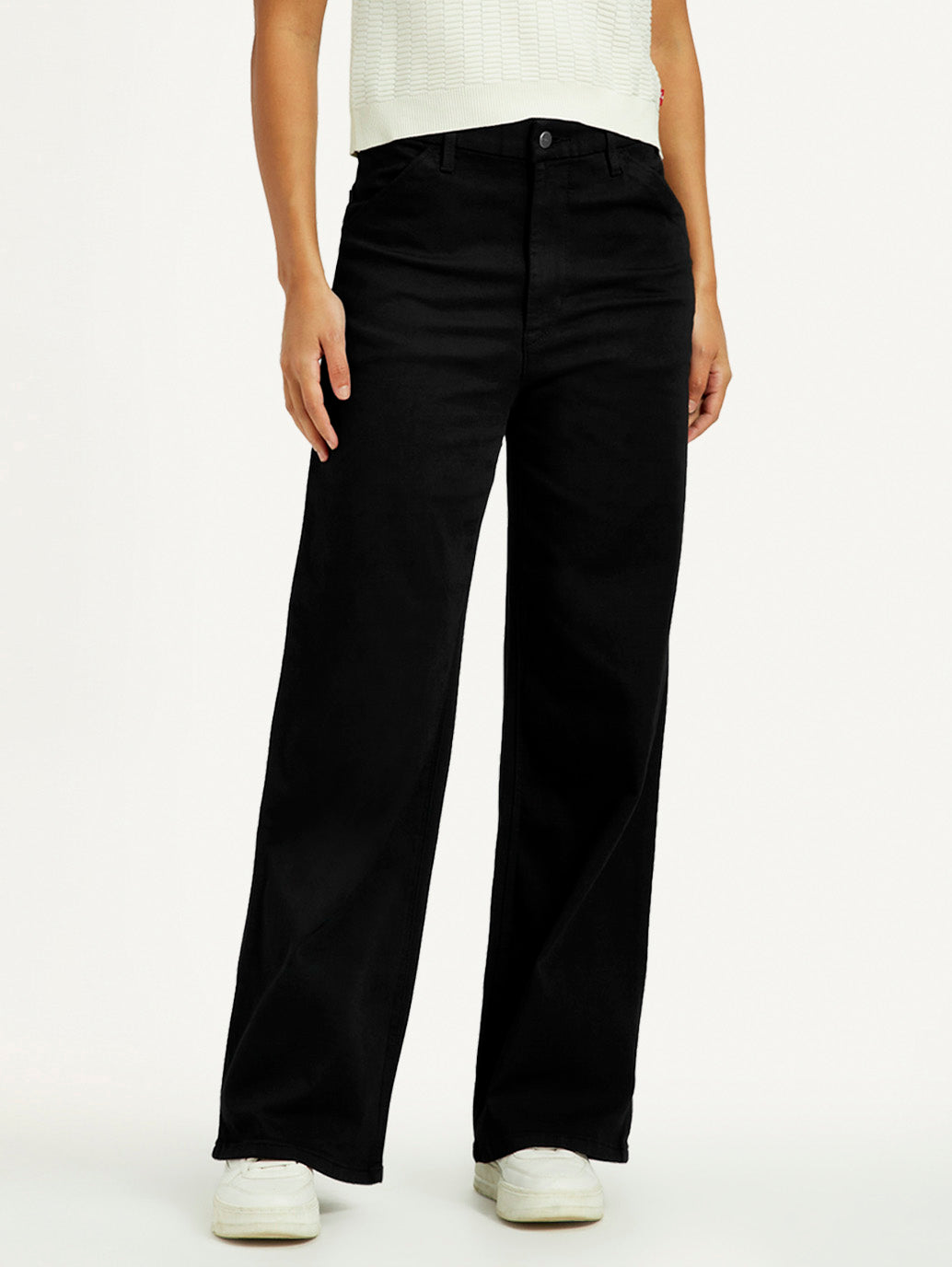 Women's Redloop Black Ribcage Wide Leg Fit High Rise Jeans - Front View