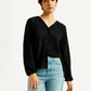Women's Textured Black V Neck Top - Styleshot View