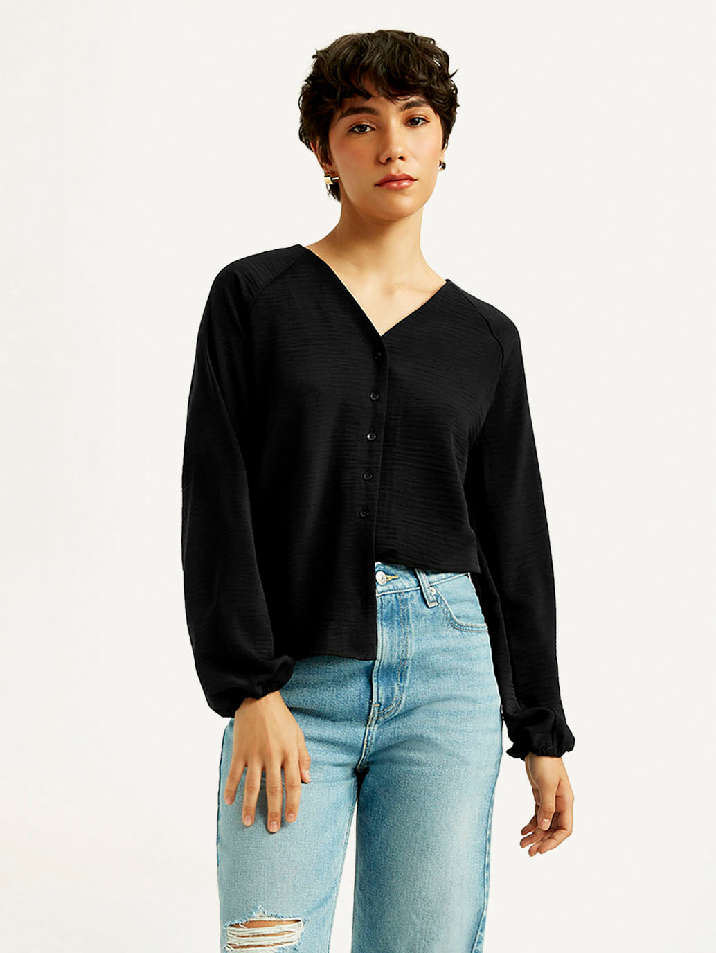 Women's Textured Black V Neck Top - Styleshot View