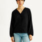 Women's Textured Black V Neck Top - Front View