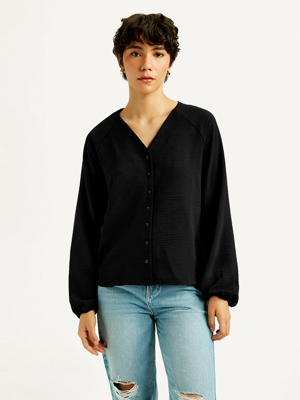 Women's Textured Black V Neck Top - Front View