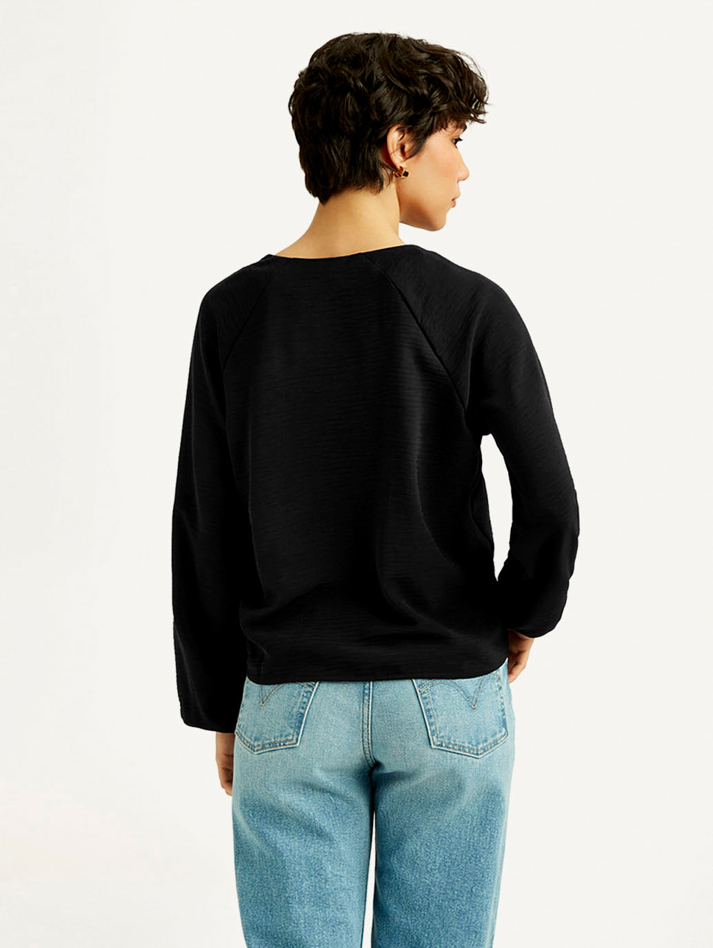 Women's Textured Black V Neck Top - Back View