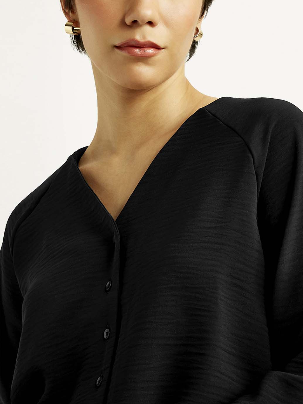 Women's Textured Black V Neck Top - Detail View