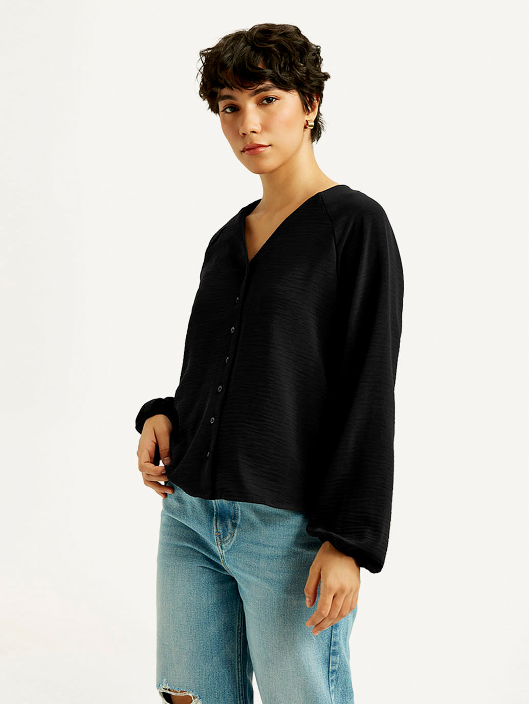 Women's Textured Black V Neck Top - Side View