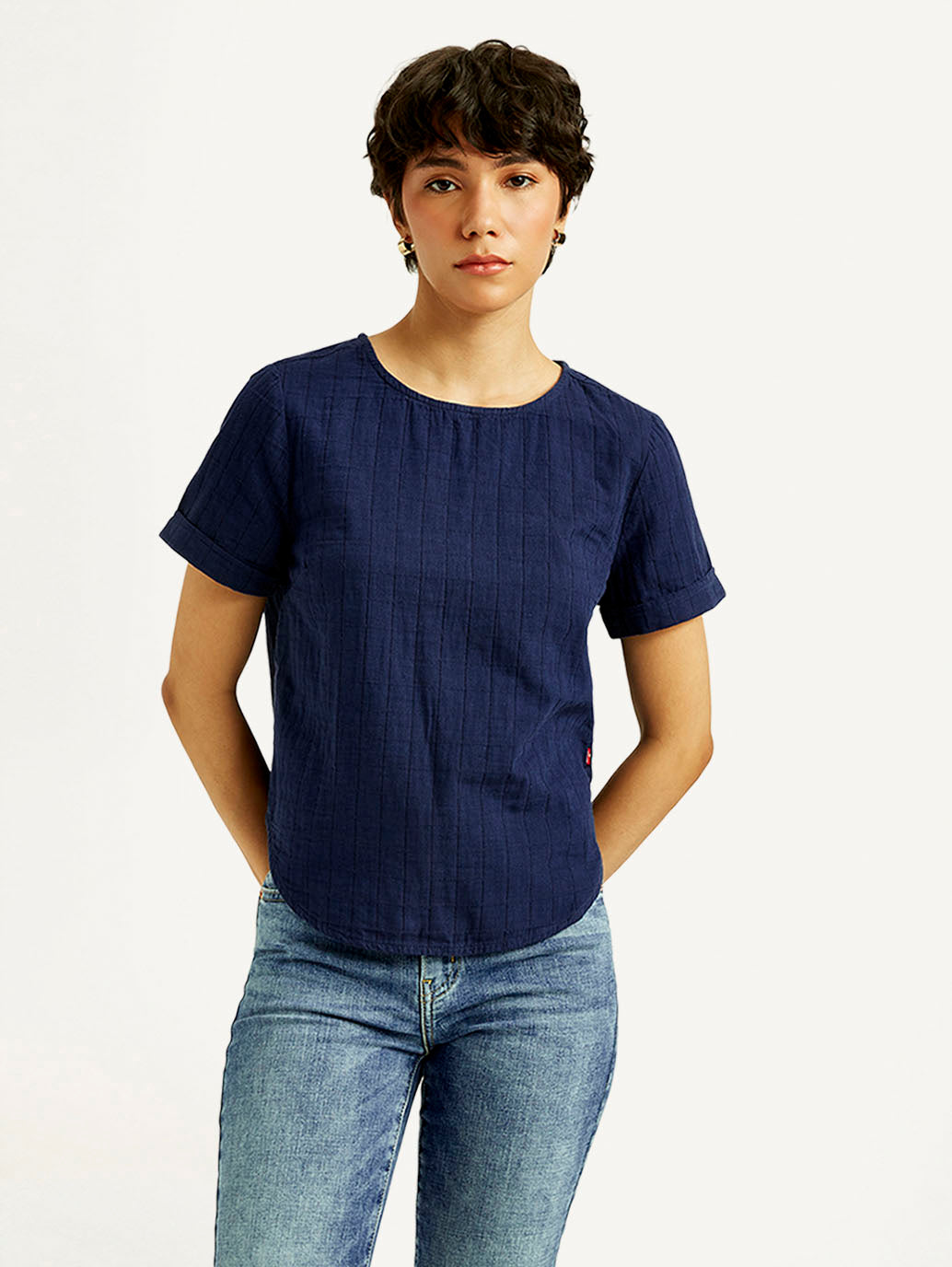 Women's Self Navy Round Neck Top - Front View