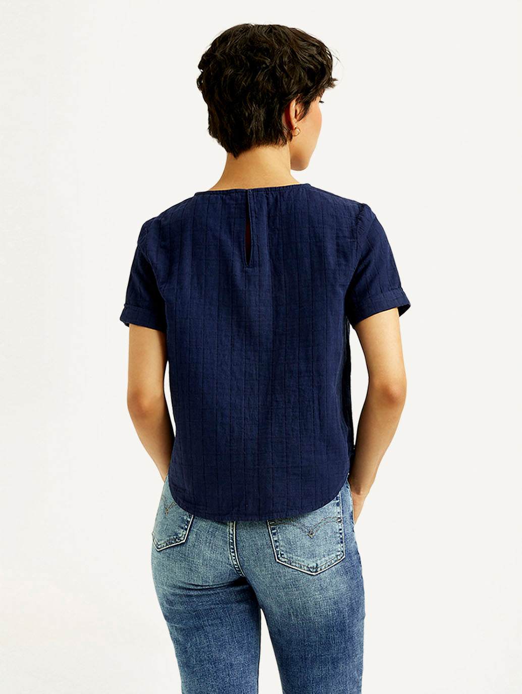 Women's Self Navy Round Neck Top - Back View