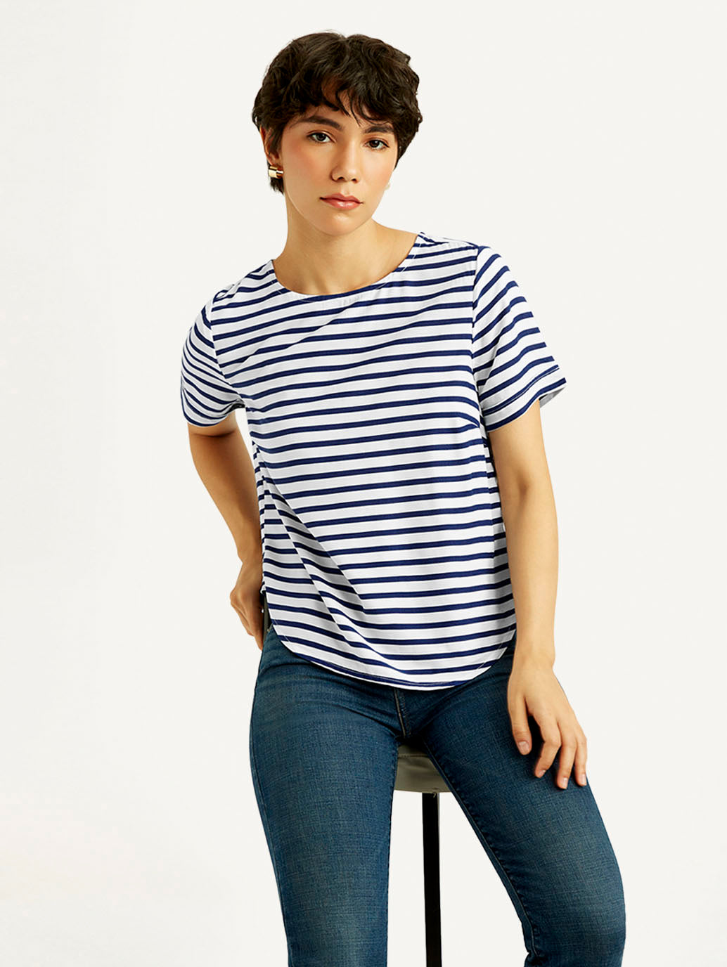 Women's Striped White Round Neck Top - Styleshot View