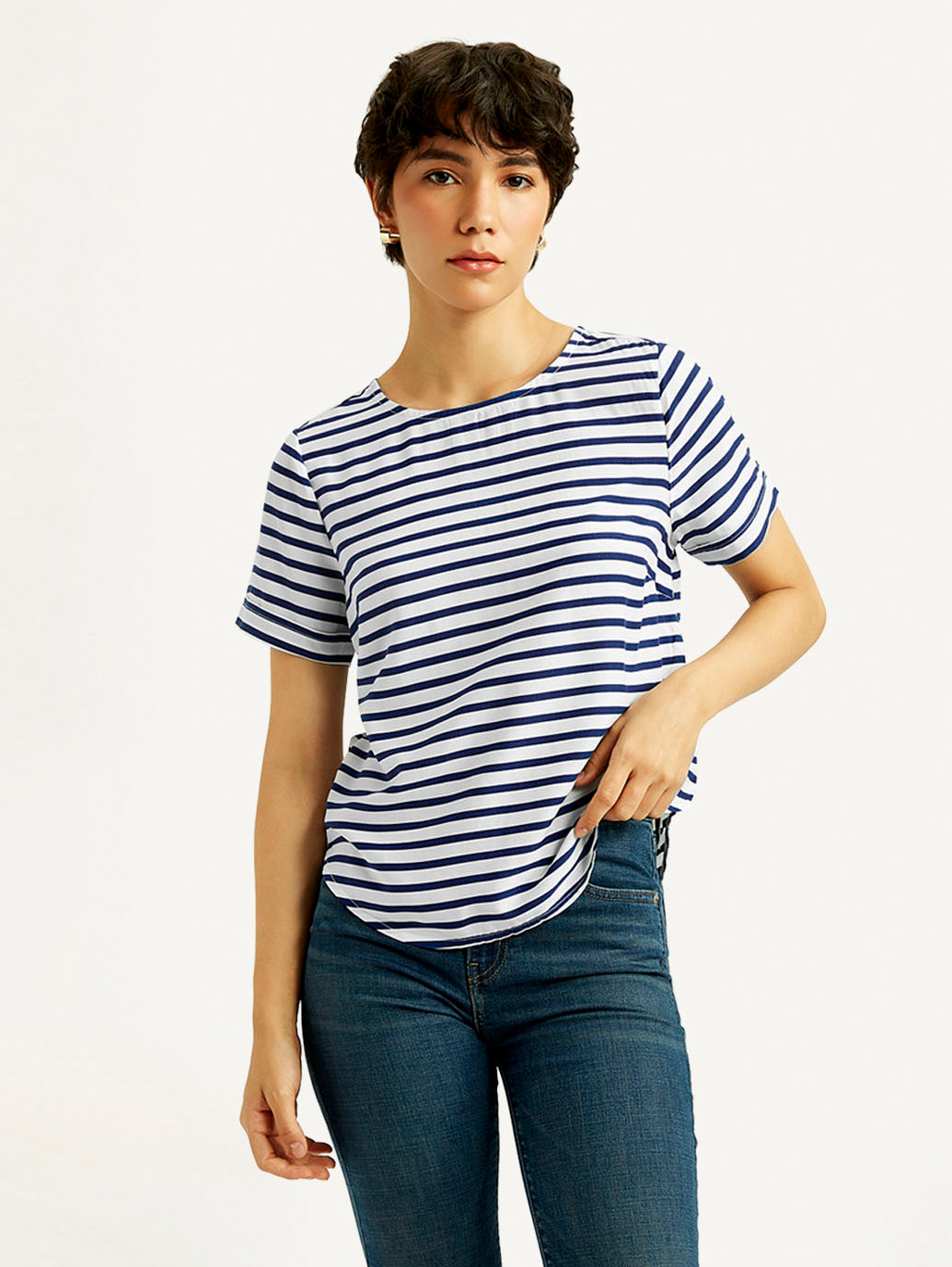 Women's Striped White Round Neck Top - Front View