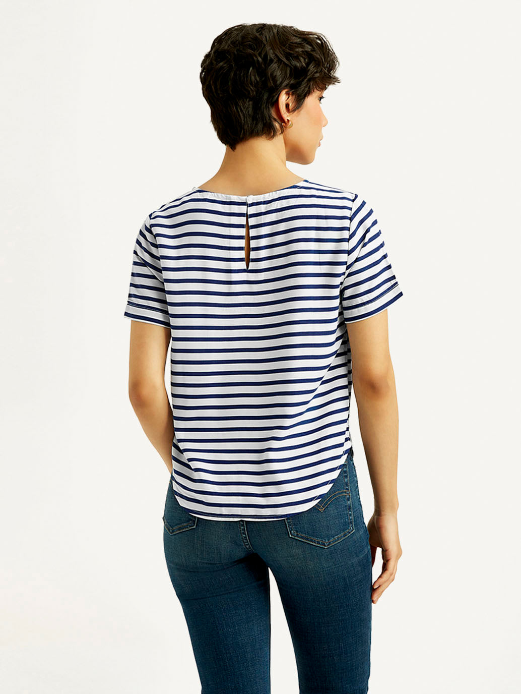 Women's Striped White Round Neck Top - Back View