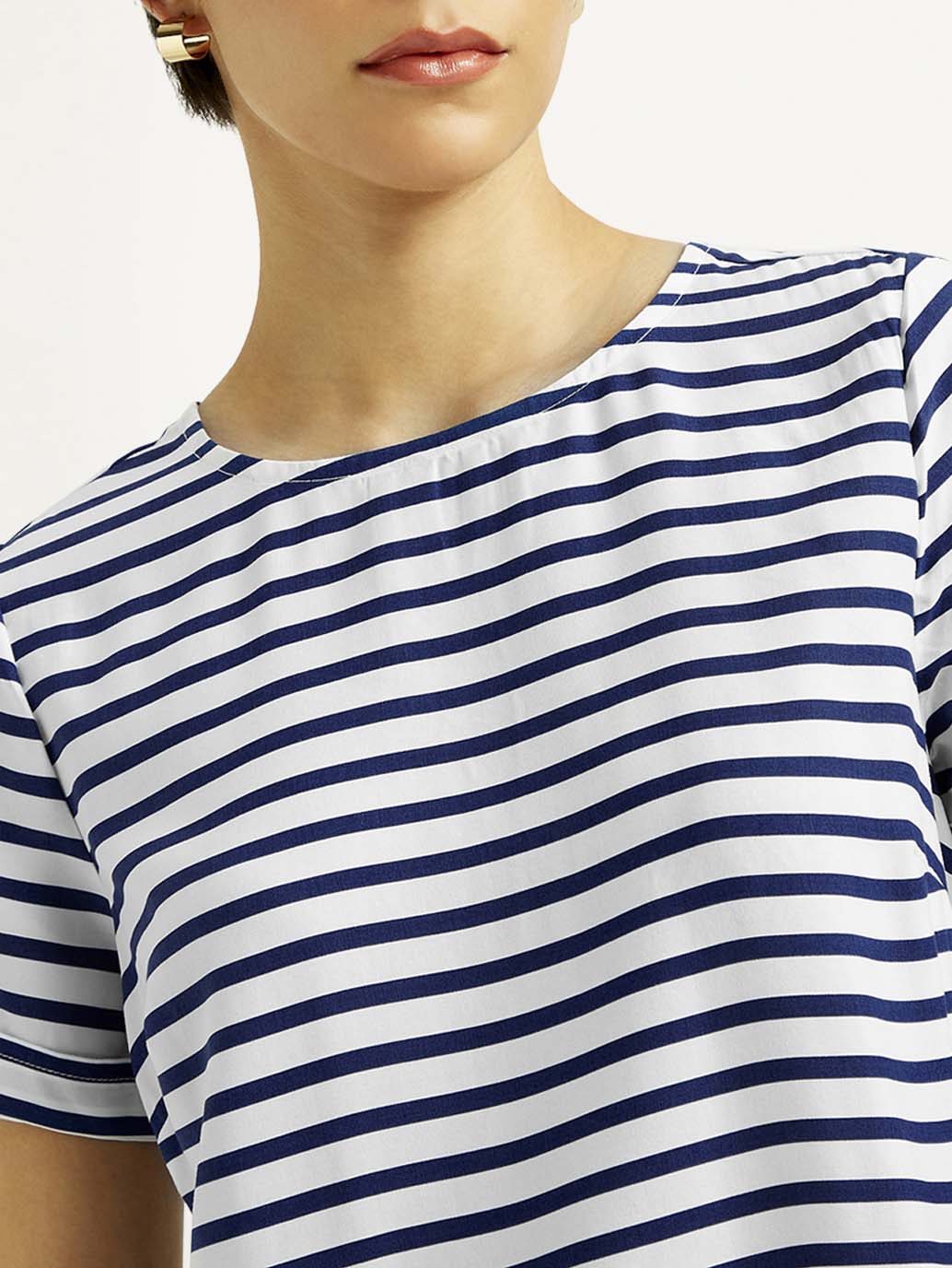 Women's Striped White Round Neck Top - Detail View