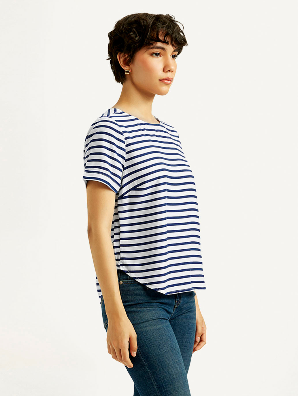 Women's Striped White Round Neck Top - Side View
