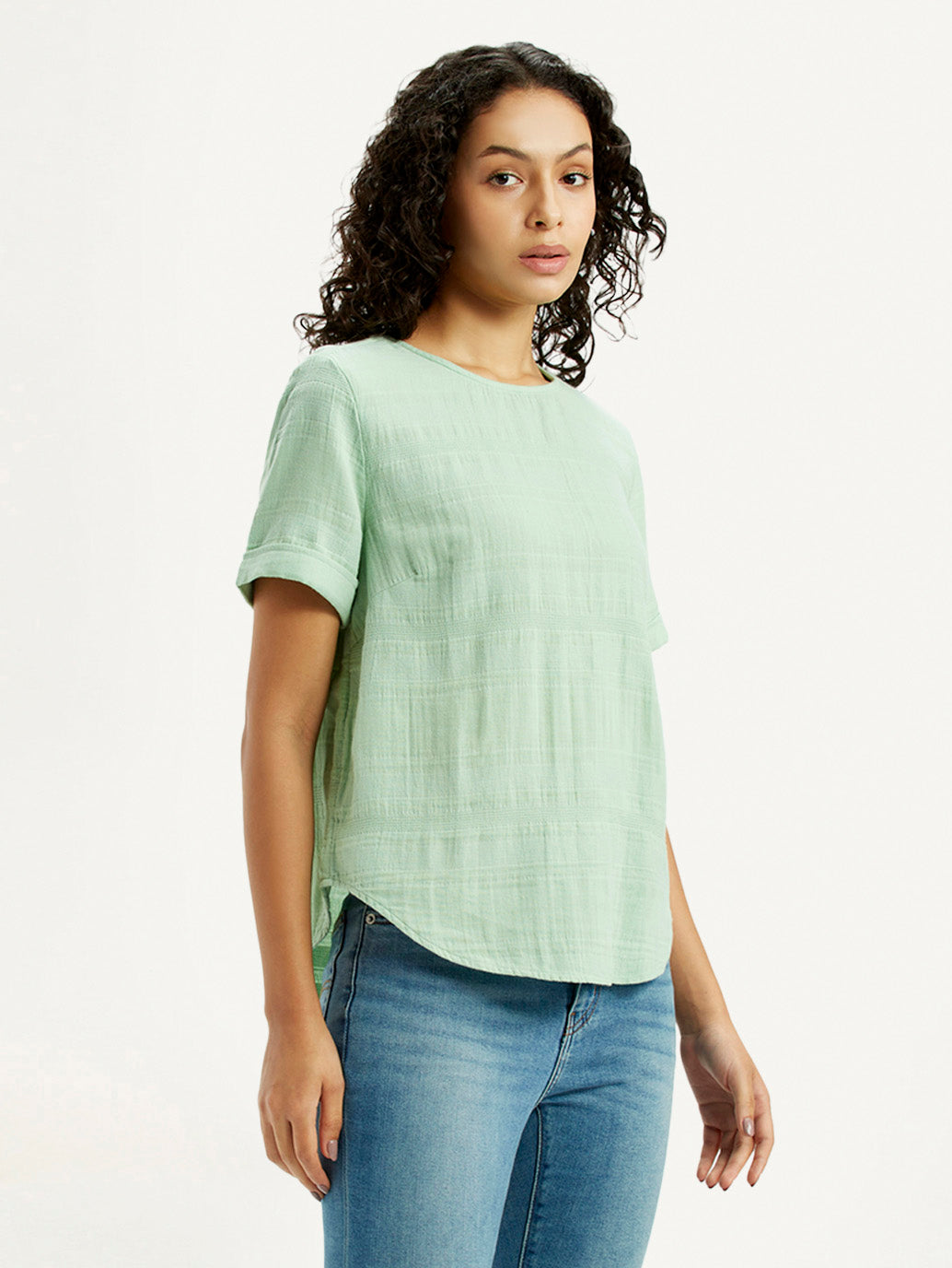 Women's Self Design Light Green Round Neck Top - Side View