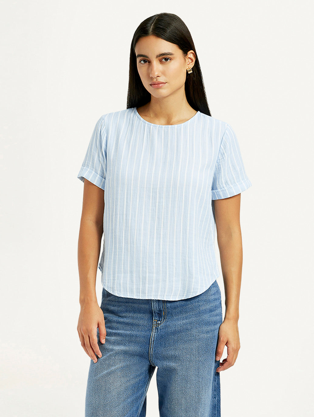 Women's Striped Light Blue Regular Fit Top - Styleshot View
