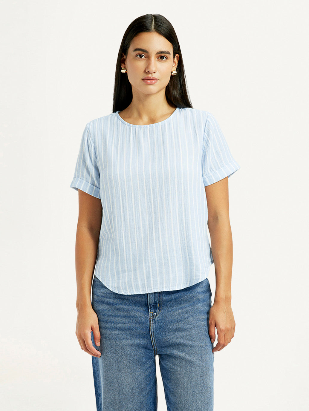 Women's Striped Light Blue Regular Fit Top - Front View