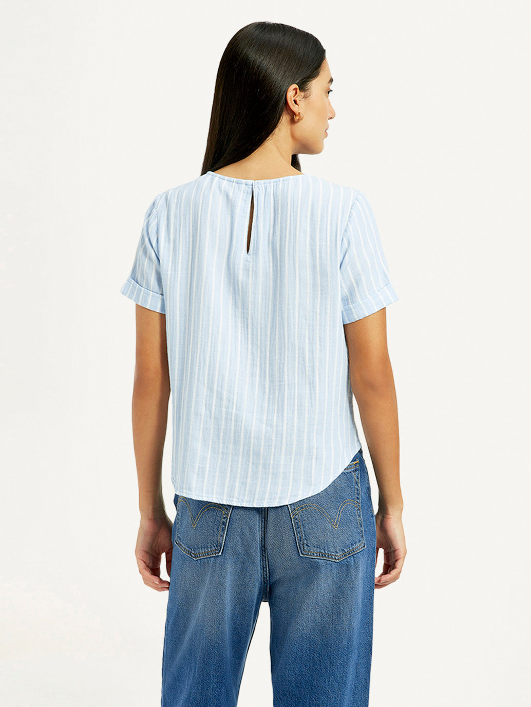 Women's Striped Light Blue Regular Fit Top - Back View
