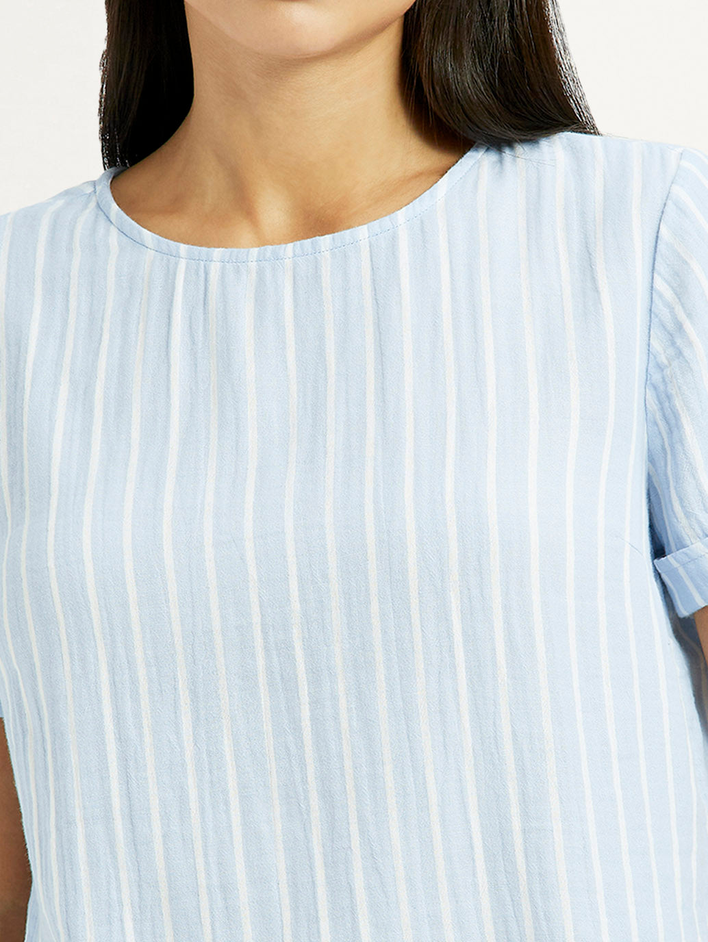 Women's Striped Light Blue Regular Fit Top - Detail View