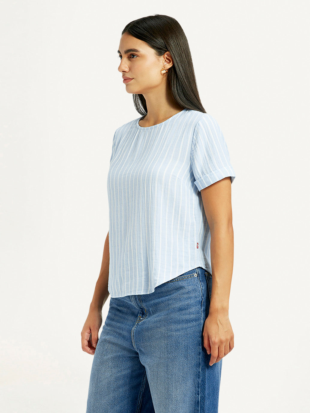 Women's Striped Light Blue Regular Fit Top - Side View