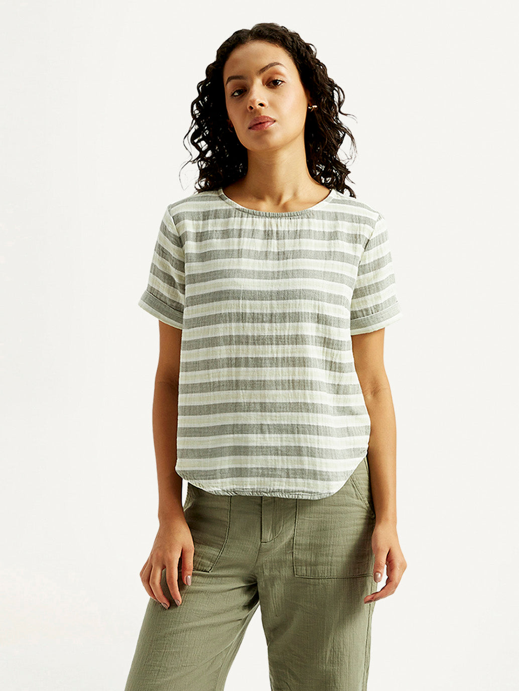 Women's Striped Green Round Neck Top - Styleshot View