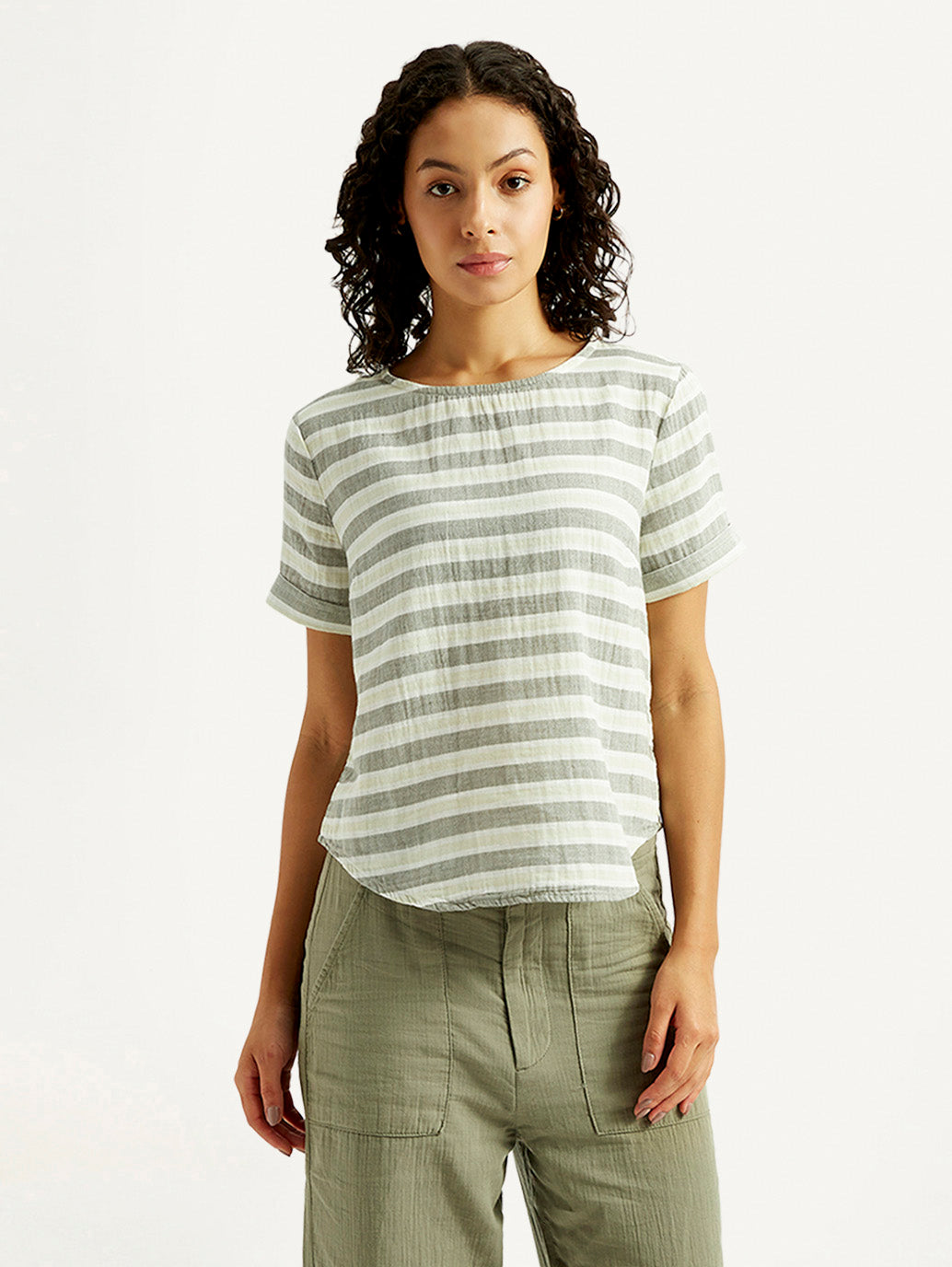 Women's Striped Green Round Neck Top - Front View