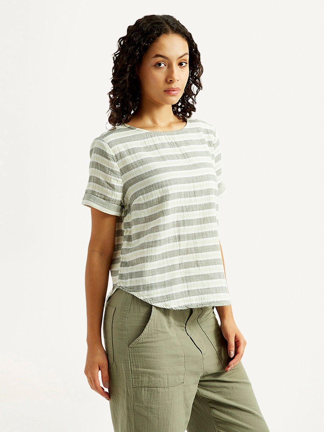 Women's Striped Green Round Neck Top - Side View
