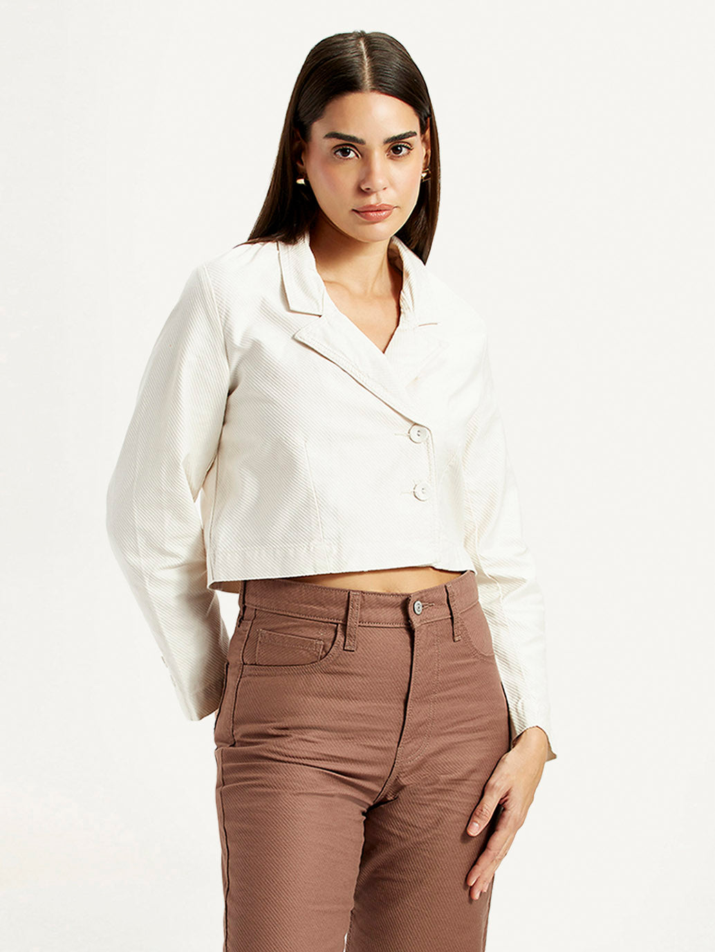 Women's Self Design Off-White Stylised Jacket - Front View