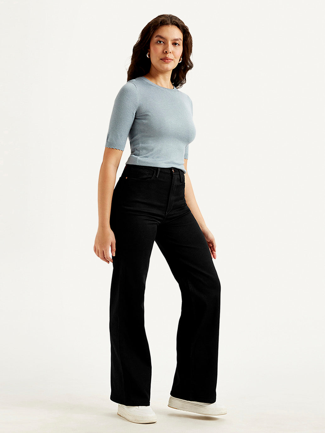 Women's Redloop Black Ribcage Bell Bottom Wide Leg Fit Mid Rise Jeans - Side View