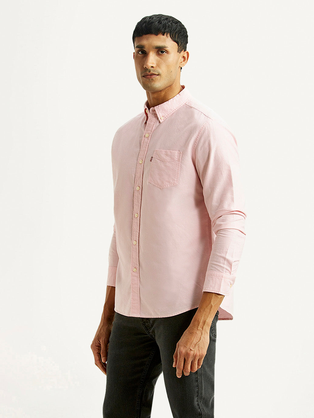 Men's Solid Light Pink Slim Fit Oxford Shirt - Side View