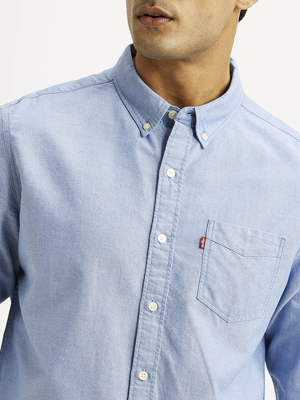 Men's Solid Light Blue Slim Fit Oxford Shirt - Detail View