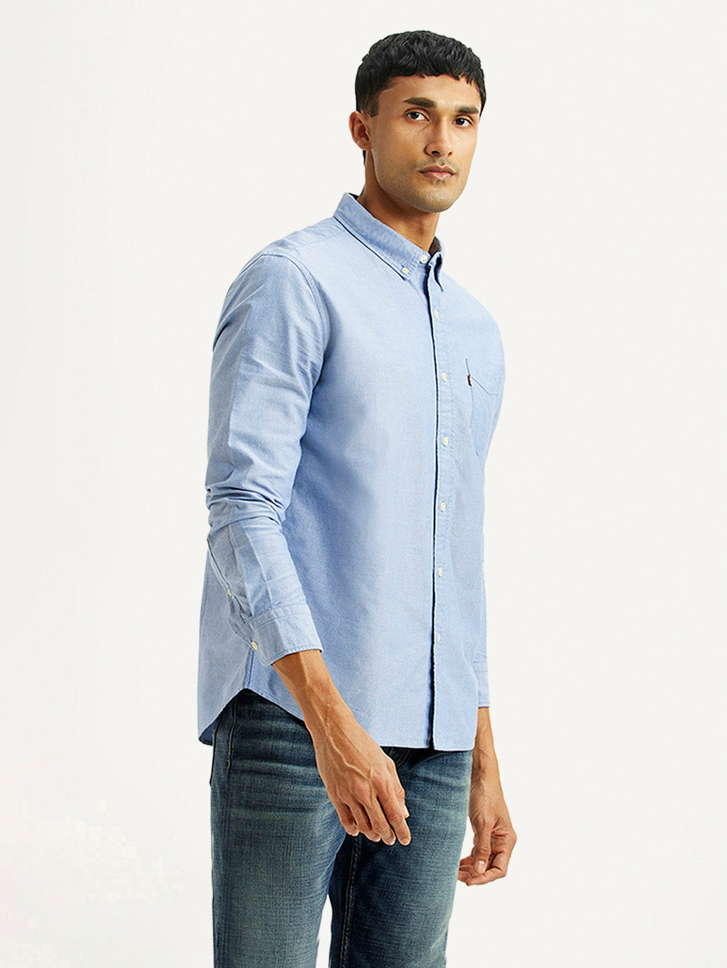Men's Solid Light Blue Slim Fit Oxford Shirt - Side View