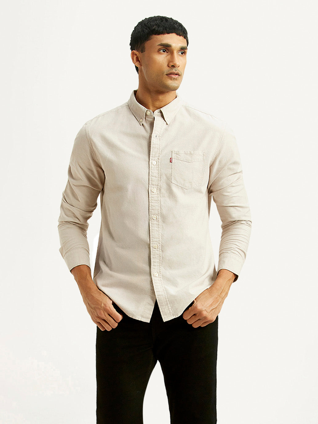 Men's Solid Beige Slim Fit Oxford Shirt