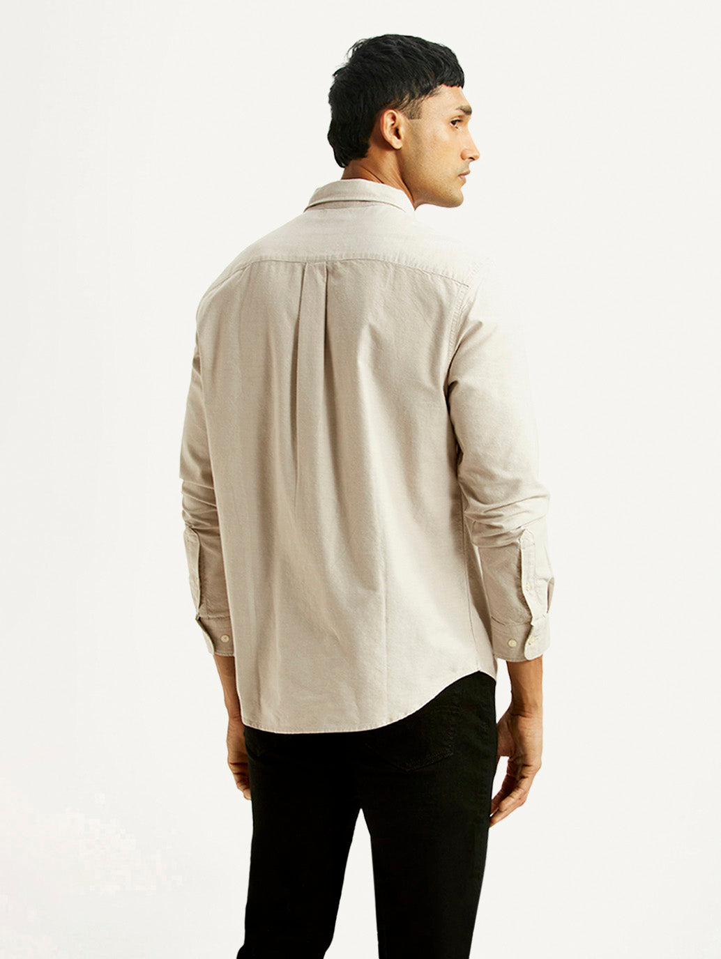 Men's Solid Beige Slim Fit Oxford Shirt - Back View