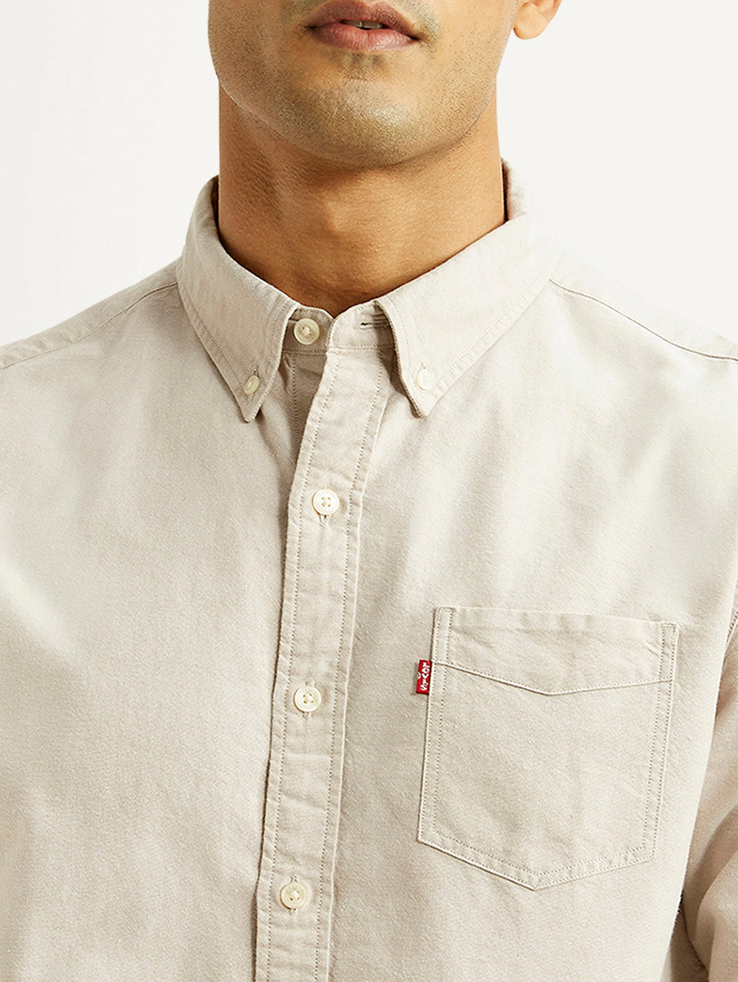 Men's Solid Beige Slim Fit Oxford Shirt - Detail View