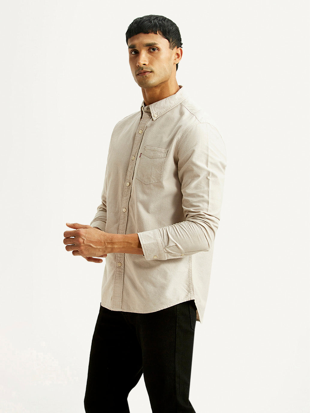 Men's Solid Beige Slim Fit Oxford Shirt - Side View