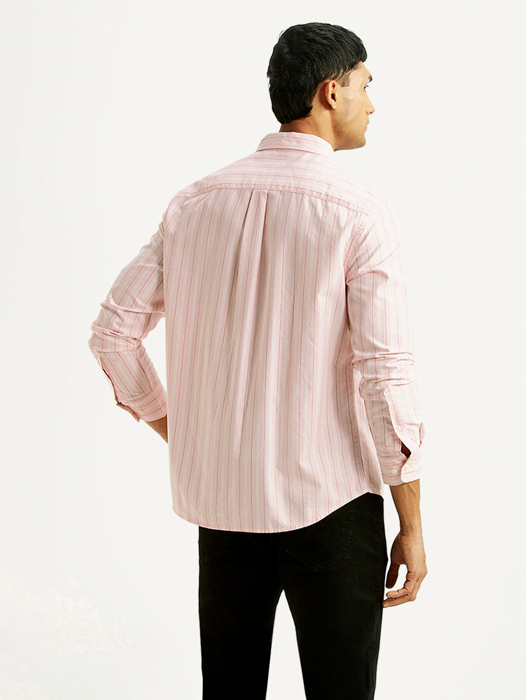Men's Striped Light Pink Slim Fit Oxford Shirt - Back View