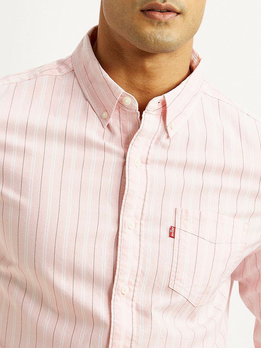 Men's Striped Light Pink Slim Fit Oxford Shirt - Detail View