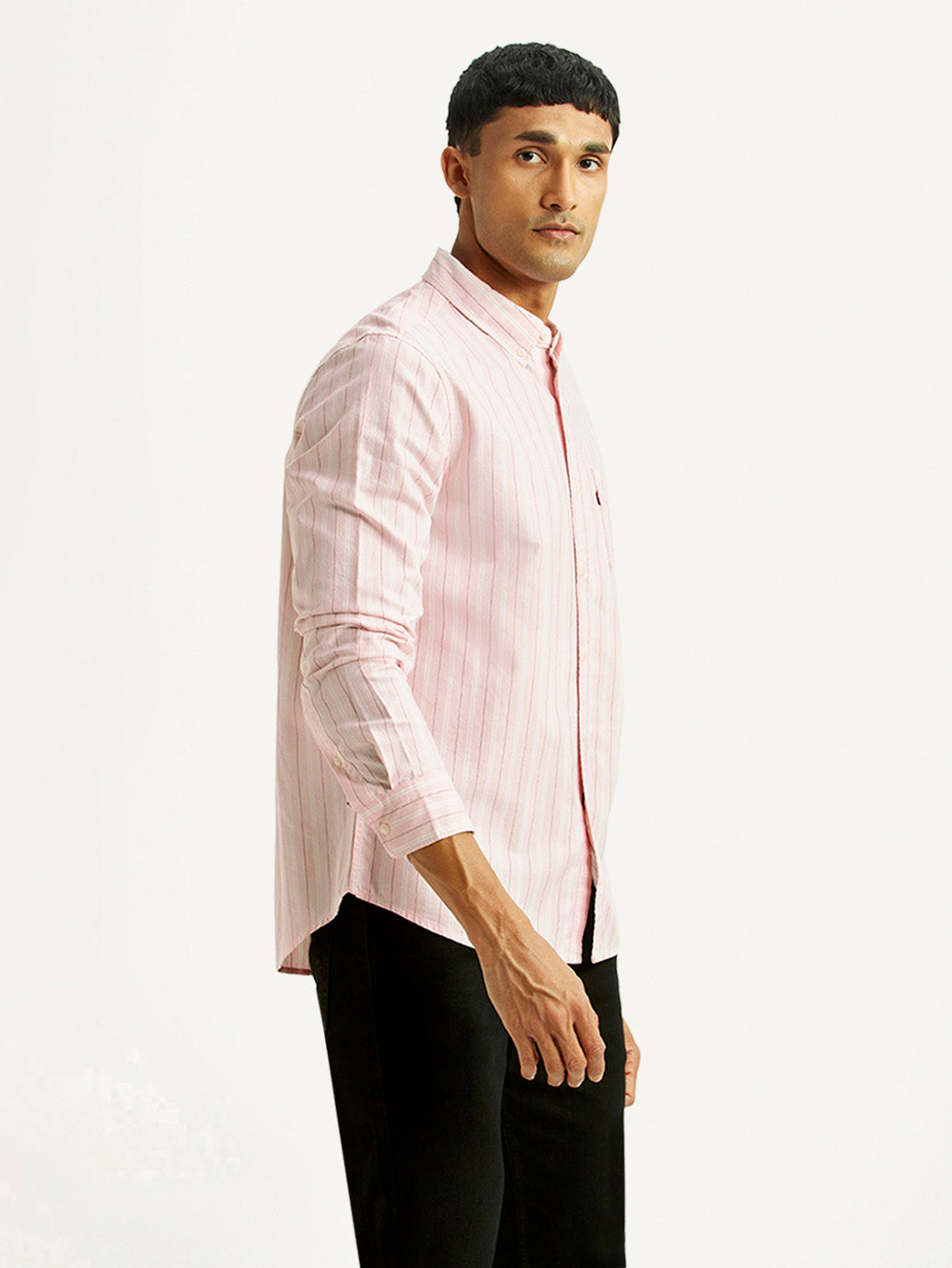 Men's Striped Light Pink Slim Fit Oxford Shirt - Side View