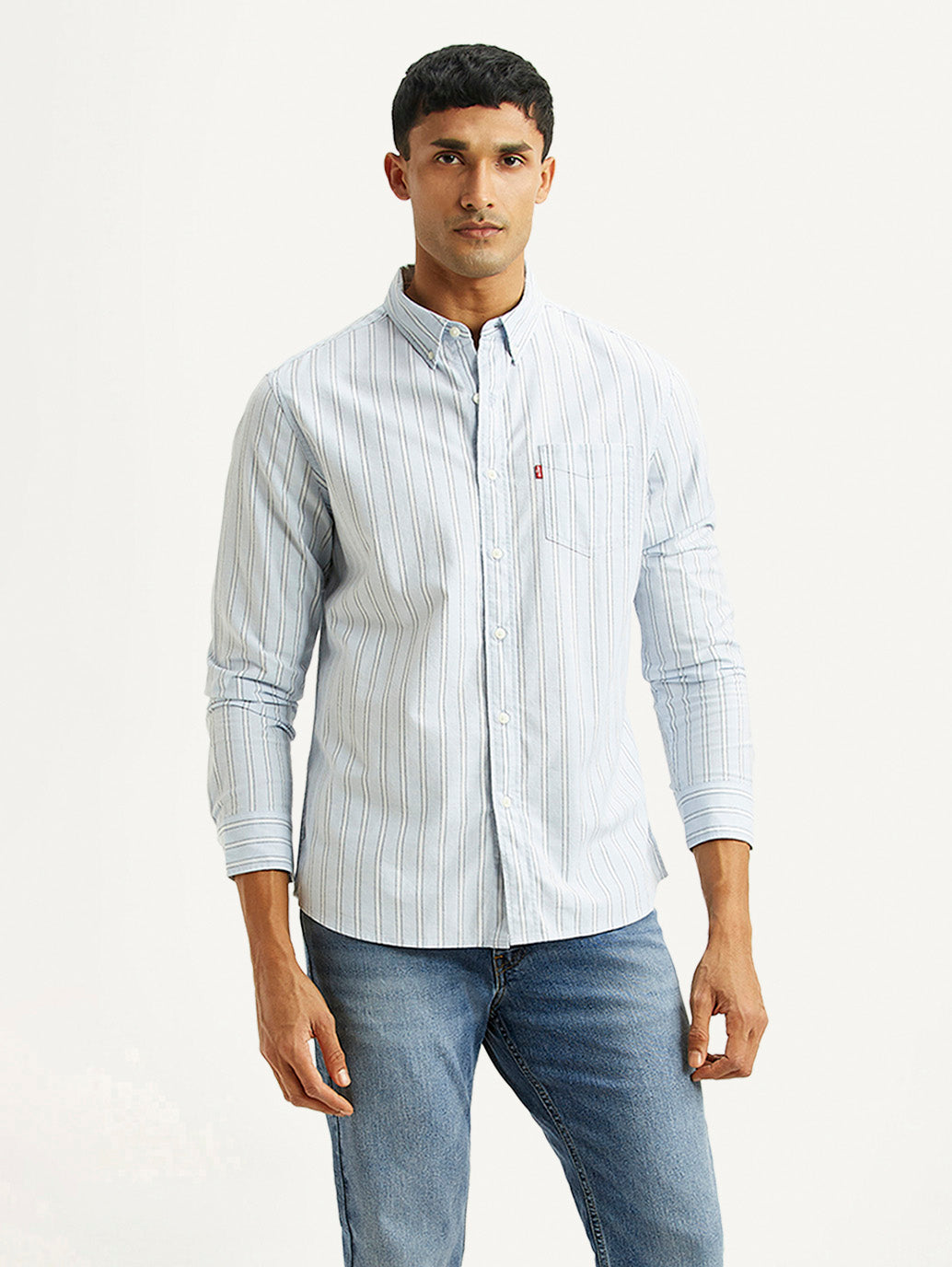 Men's Striped Light Blue Slim Fit Oxford Shirt - Styleshot View