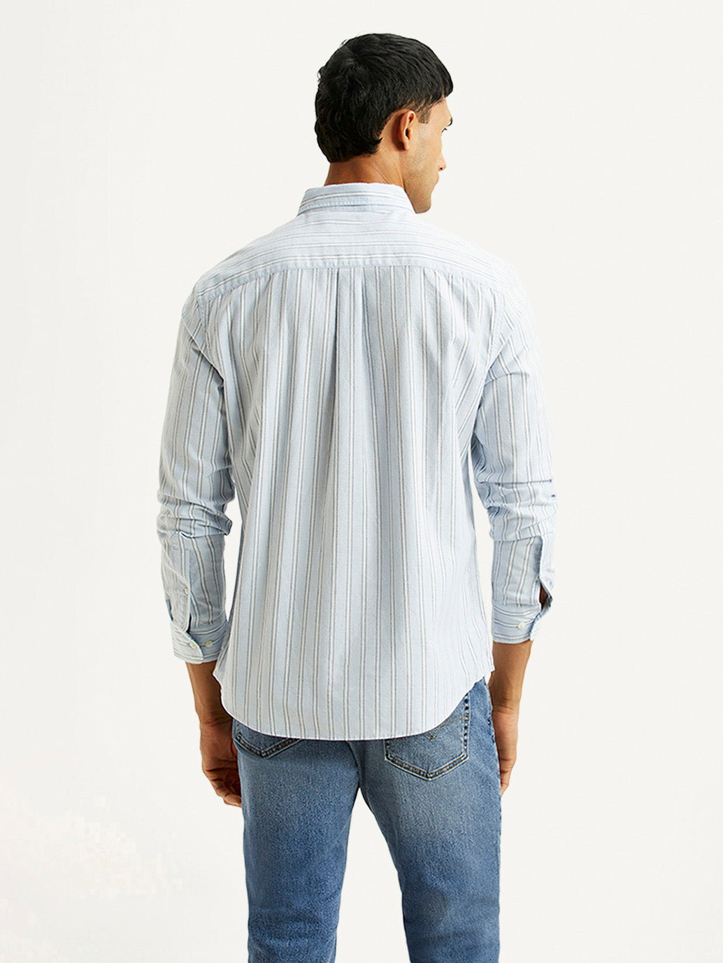 Men's Striped Light Blue Slim Fit Oxford Shirt - Back View