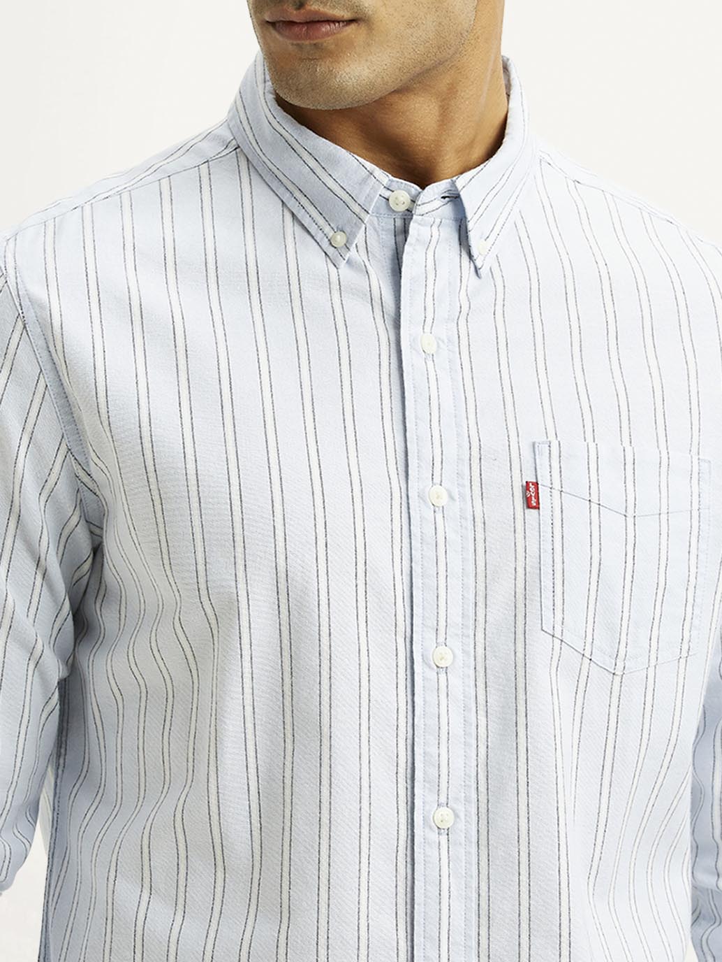 Men's Striped Light Blue Slim Fit Oxford Shirt - Detail View