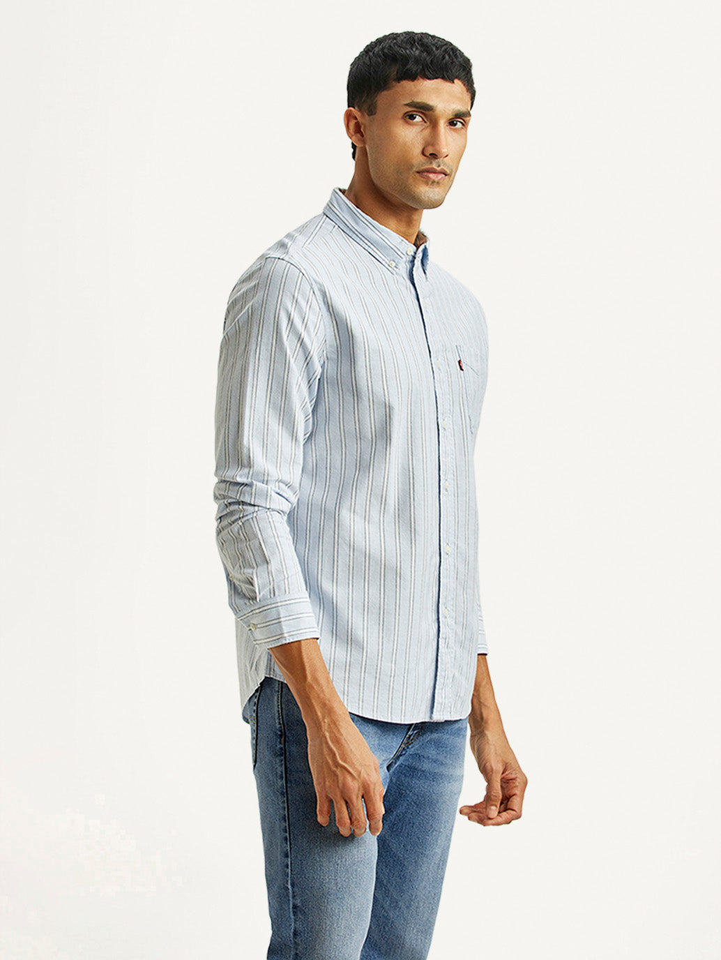 Men's Striped Light Blue Slim Fit Oxford Shirt - Side View
