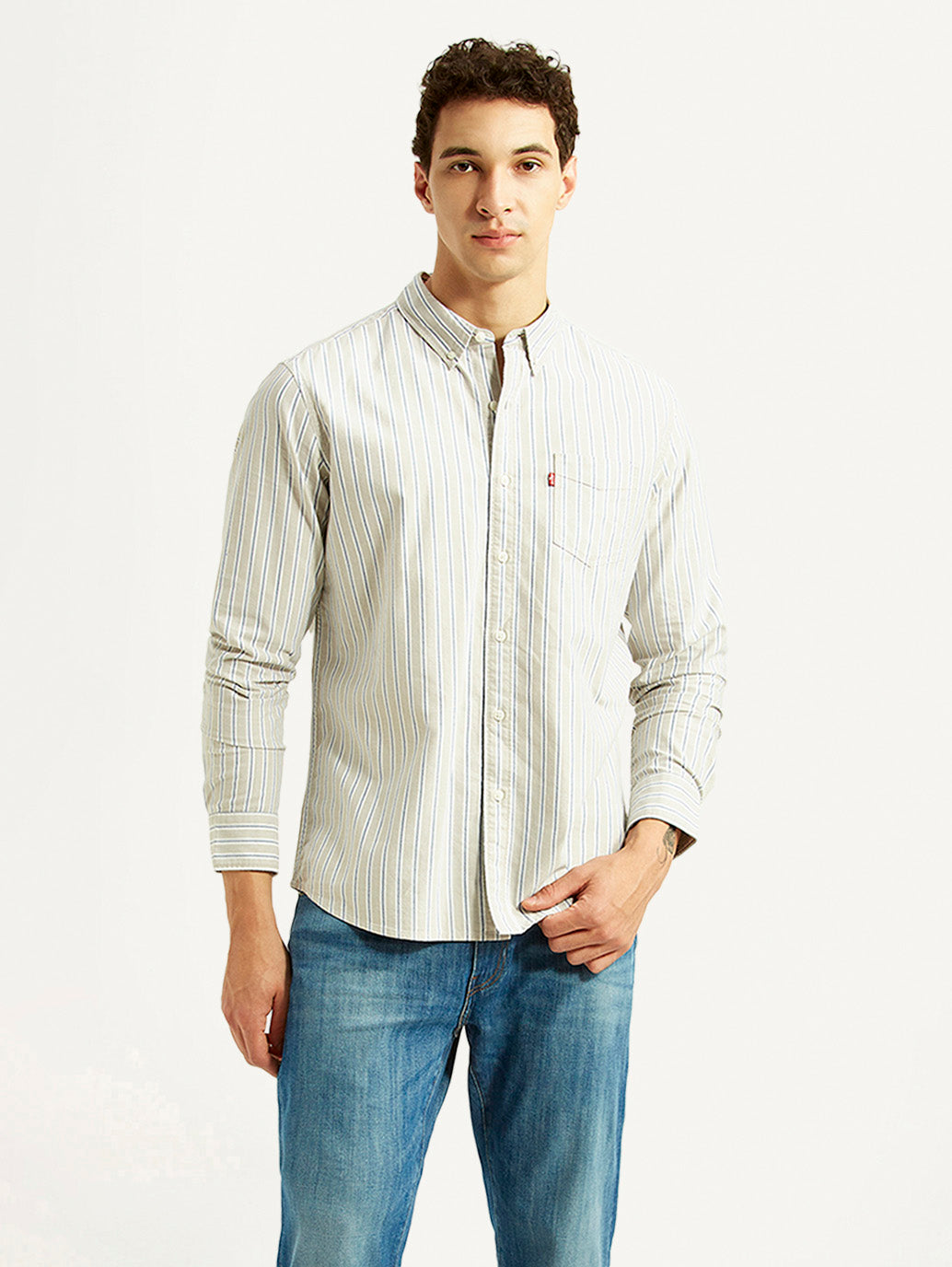 Men's Striped Light Grey Slim Fit Oxford Shirt