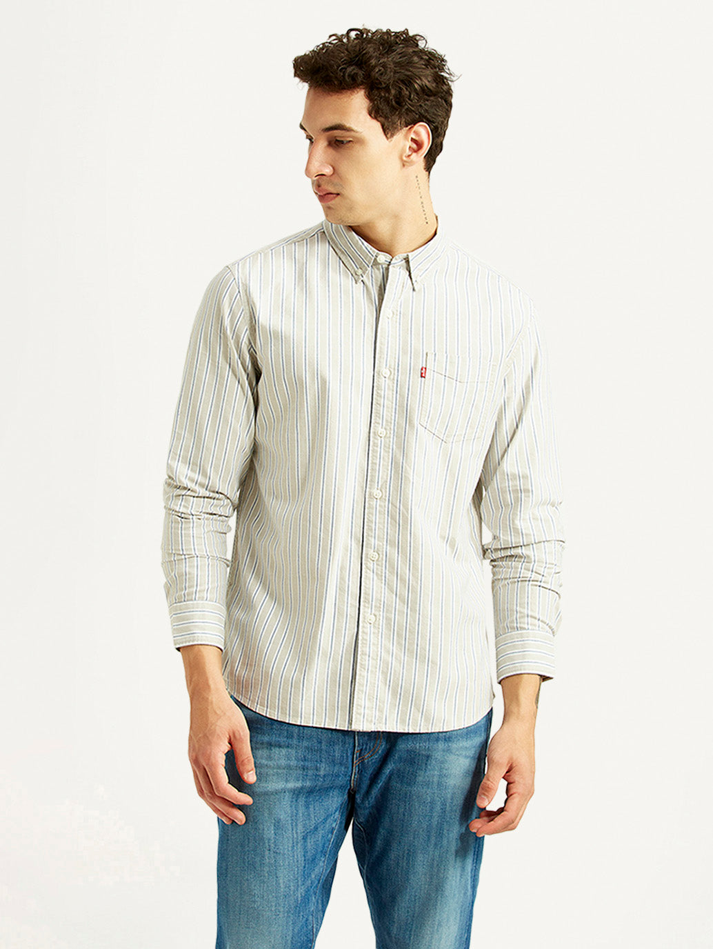 Men's Striped Light Grey Slim Fit Oxford Shirt - Front View