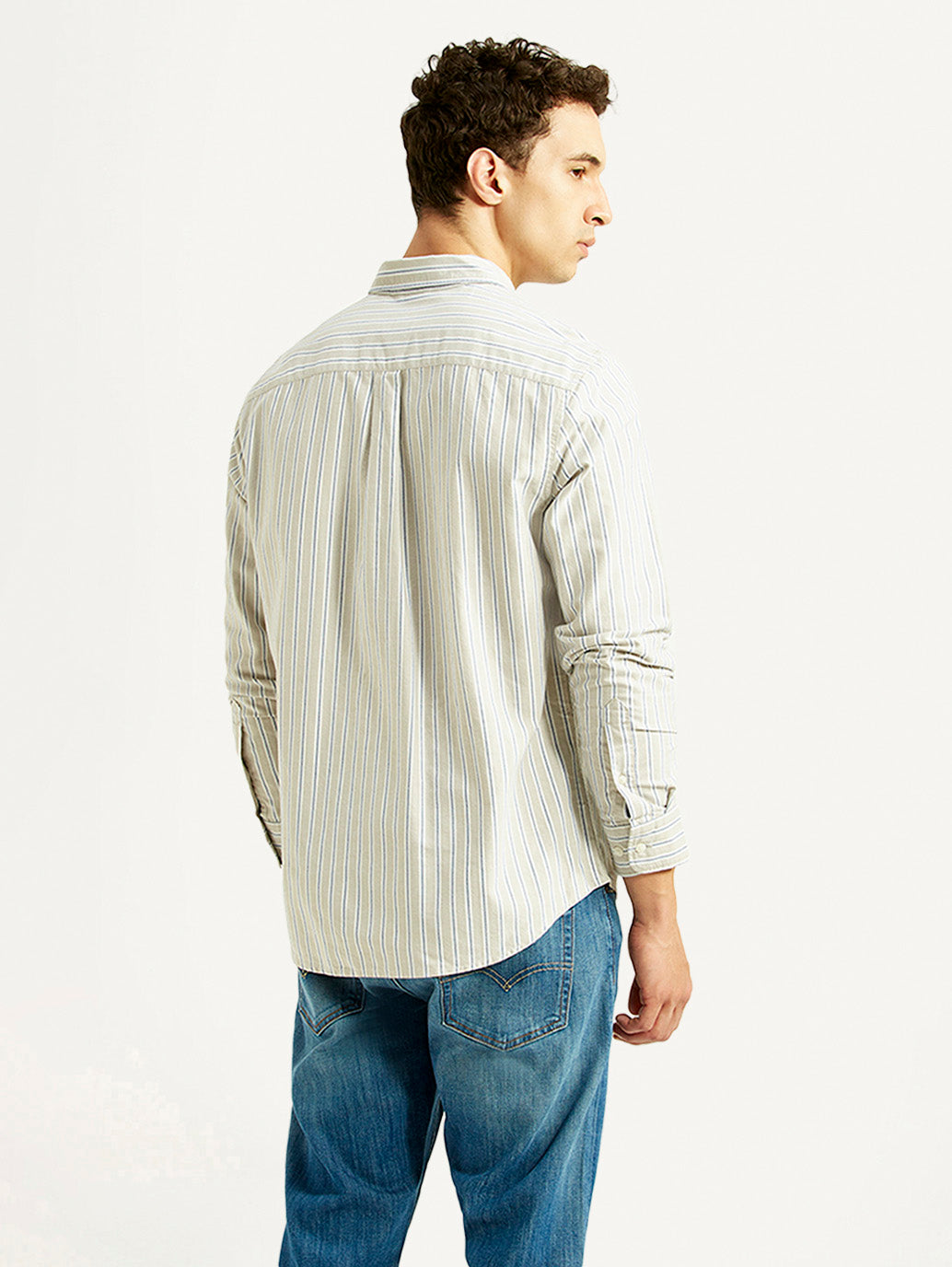 Men's Striped Light Grey Slim Fit Oxford Shirt - Back View